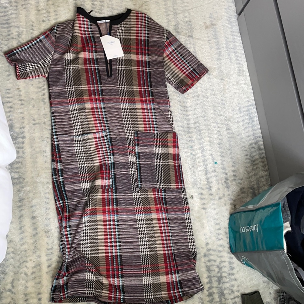 Zara colorful houndstooth plaid midi dress size s